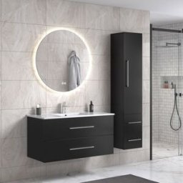 Lindadesign 100 Cm Svart Matt Badrumsmöbel Med Rund Spegel Och 1 Badrumsskåp
