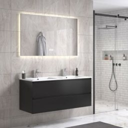 Noradesign 120 Cm Grå Matt Baderomsmøbel Dobbel M/hvit Servant Og Rektangulært Speil