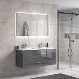 Lindadesign 120 Cm Grå Högglans Badrumsmöbel Dubbel M/vit Handfat Och Rektangulär Spegel
