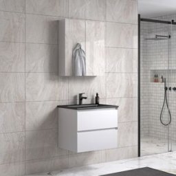 Noradesign 60 Cm Hvit Matt Baderomsmøbel M/sort Servant Og Speilskap