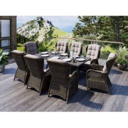 Skjærgården Xl Matgrupp 210 Cm Med 8 Reclinerstolar I Chockladbrun Och Bord I Antracit Aluminium