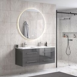 Oliviadesign 120 Cm Grå Högglans Badrumsmöbel Dubbel M/vit Handfat Och Rund Spegel