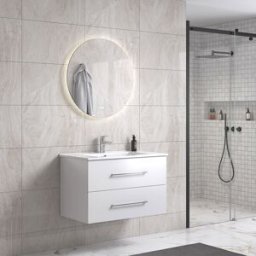 Lindadesign 80 Cm Badrumsmöbel M/vit Handfat Och Rund Spegel