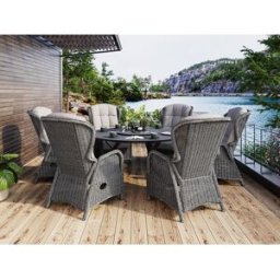 Skjærgården Rund Matgrupp M. 6 Reclinerstolar I Gråmix Och Stort Bord Ø150 Cm Antracit Aluminium