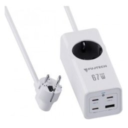 Fuj:tech 5-Delad 67w Gan Förlängningssladd Med 4 Usb-Portar, 2 M, Vit