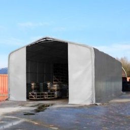 TOOLPORT 8 x 24 m tälthall - 4,0 m sidohöjd med 4,0x4,7 m port, PRIMEtex grå, inkl. hållfasthet (underlag: betong) - (49477)