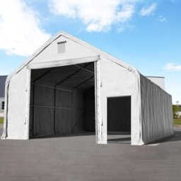 TOOLPORT 8 x 16 m tälthall - 3,0 m sidohöjd med 4,0x3,4 m port, PRIMEtex grå, inkl. hållfasthet (underlag: jord) - (48682)