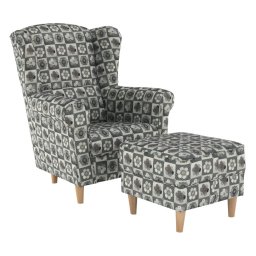 Kondela Kreslo, ušiak s taburetom, patchwork N1 látka, ASTRID