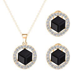 Vykladaný set náušnice a náhrdelník Gold Cube - čierny