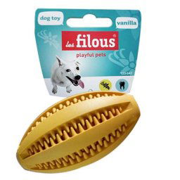 LES FILOUS Rugby lopta z gumy na čistenie zubov 11cm s vanilkou, žltá