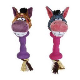 LES FILOUS ASSORTED HORSE/DONKEY PLUSH HEAD RUBBER HANDLE AND ROPE WITH SQUEAKER 36cm