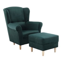 Kondela Kreslo, ušiak s taburetom, smaragdová látka, ASTRID