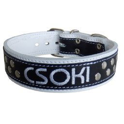 Obojok kožený 6cm s výšivkou+nity - biely, čierny