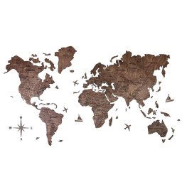 Drevená mapa sveta na stenu - Farba tmavý orech 150 cm x 90 cm