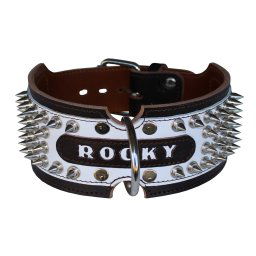 Obojok kožený 8cm s menom + ostne - hnedý, biely