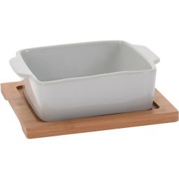 Miska servírovacia porcelánová štvorcová s dreveným podnosom xxxa