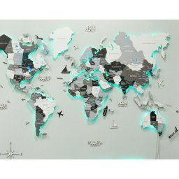 Mapa sveta s RGB LED podsvietením 3D BIELO-ŠEDÁ - 150 cm x 90 cm
