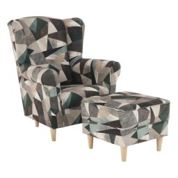 Kondela Kreslo, ušiak s taburetom, hnedozelená vzor látka, ASTRID