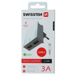 Rýchlonabíjačka Swissten Smart IC 3.A s 2 USB konektormi a dátový kábel USB USB-C 1,2 m, biela 22043000