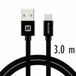 Dátový kábel Swissten textilný s USB-C konektorom a podporou rýchlonabíjania, čierny 71527900