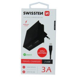 Rýchlonabíjačka Swissten Smart IC 3.A s 2 USB konektormi a dátový kábel USB Lightning 1,2 m, čierna 22048000