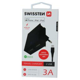 Rýchlonabíjačka Swissten Smart IC 3.A s 2 USB konektormi a dátový kábel USB Lightning MFi 1,2 m, čierna 22046000