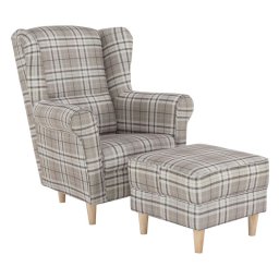 Kondela Kreslo, ušiak s taburetom, hnedé káro látka, ASTRID