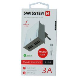 Rýchlonabíjačka Swissten Smart IC 3.A s 2 USB konektormi a dátový kábel USB Micro USB 1,2 m, biela 22041000