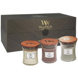 WoodWick SET : Fireside & White Teak & Stone Wash Suede 3 x 85g