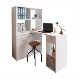 Kondela Rohový PC stôl, 124x90cm, s regálom, biely, MINESON