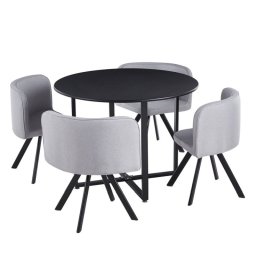 Kondela Jedálenský set 1+4, 100x100cm, MDF, čierny, látka svetlosivá, BEVAN NEW