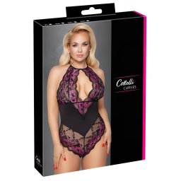Cottelli Plus Size - body s kvetinovm vzorom - ierna/fialov - 3XL
