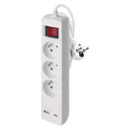 EMOS Biely predlžovací kábel, vypínač, 3 zásuvky, 1×USB-A + 1×USB-C, 2m P1312CU
