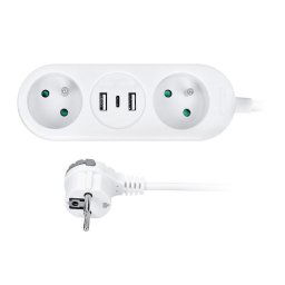 Solight Biely cestovný predlžovací kábel, 2 zásuvky + USB A+C, 1.5m PP154C