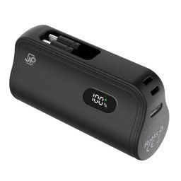 JP Powerbanka PlugOn s integrovaným konektorom pre USB-C a Lightning, 5000 mAh, PD 20W, čierna
