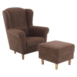 Kondela Kreslo, ušiak s taburetom, hnedá látka, ASTRID