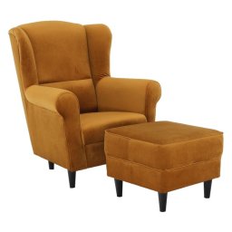 Kondela Kreslo, ušiak s taburetom, horčicová látka, ASTRID