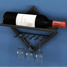 Stojan na vino na stenu - Kovový nástenný držiak na víno (1 fľaša + 3 poháre)
