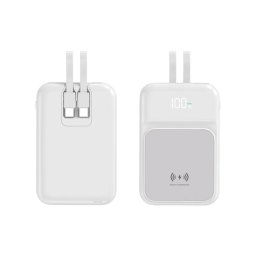 OEM Bezdrôtová Powerbanka s 2 vstavanými káblami, 5000mAh, USB-C + Lightning, 15W, biela