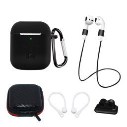 Hurtel Silicone Case sada pre AirPods 1/2 s puzdrom, háčikom na ucho, remienkom na krk, držiakom remienka hodiniek a karabínou, čierna