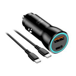 BlueStar autonabíjačka USB-C + USB-A + kábel USB-C - USB-C 3A 25W, PD, QC 3.0, AFC, PPS, čierna