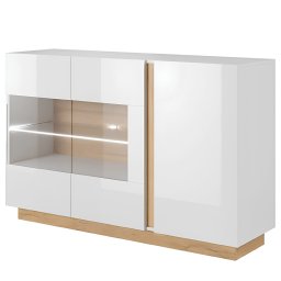 Kondela Komoda so sklom, biela/dub grandson/biely lesk, CITY