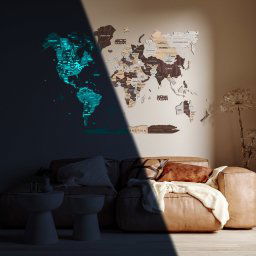 3D magnetická nástenná drevená mapa sveta - Svietiaca v tme farba Capuccino XXL - (300x175cm)