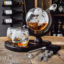 Karafa na whisky set na drevenom stojane - Whiskey kit + 2 poháre a 9 kameňov