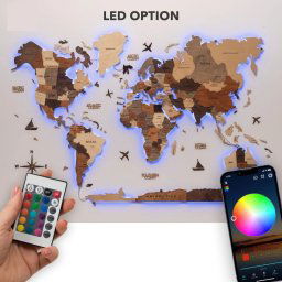 Drevená mapa nástenná LED s RGB LED podsvietením (App mobil + diaľkový ovládač) - 250x160 cm