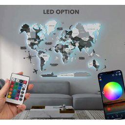 Drevená LED mapa na stenu podsvietená 3D Šedá - (App mobil + diaľkový ovládač) - 200x120 cm