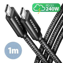 AXAGON BUCM2-CM10AB, CHARGE kábel USB-C USB-C, 1m, Hi-Speed USB, PD 240W 5A, ALU, oplet, čierny BUCM2-CM10AB