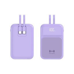 OEM Bezdrôtová Powerbanka s 2 vstavanými káblami, 5000mAh, USB-C + Lightning, 15W, fialová