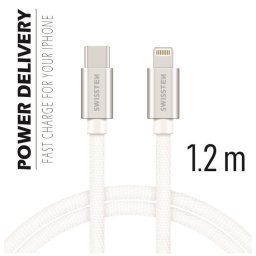 SWISSTEN Dátový kábel Swissten textilný, USB-C / Lightning, 1,2 m, strieborný