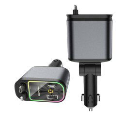 OEM Nabíjačka do auta 4v1 s 2 výsuvnými káblami USB-C + Lightning, PD, QC 3.0, sivá